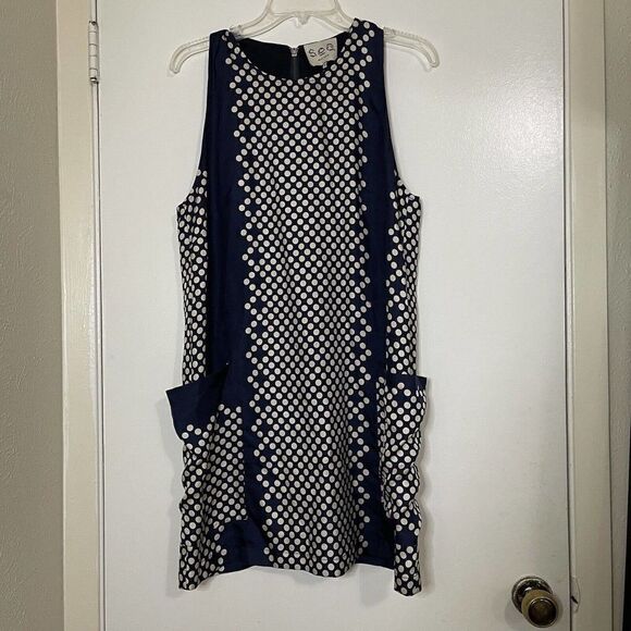 SEA New York Navy Blue Polka Dot Silk Short Shift sleeveless dress size US 10 - Picture 2 of 8